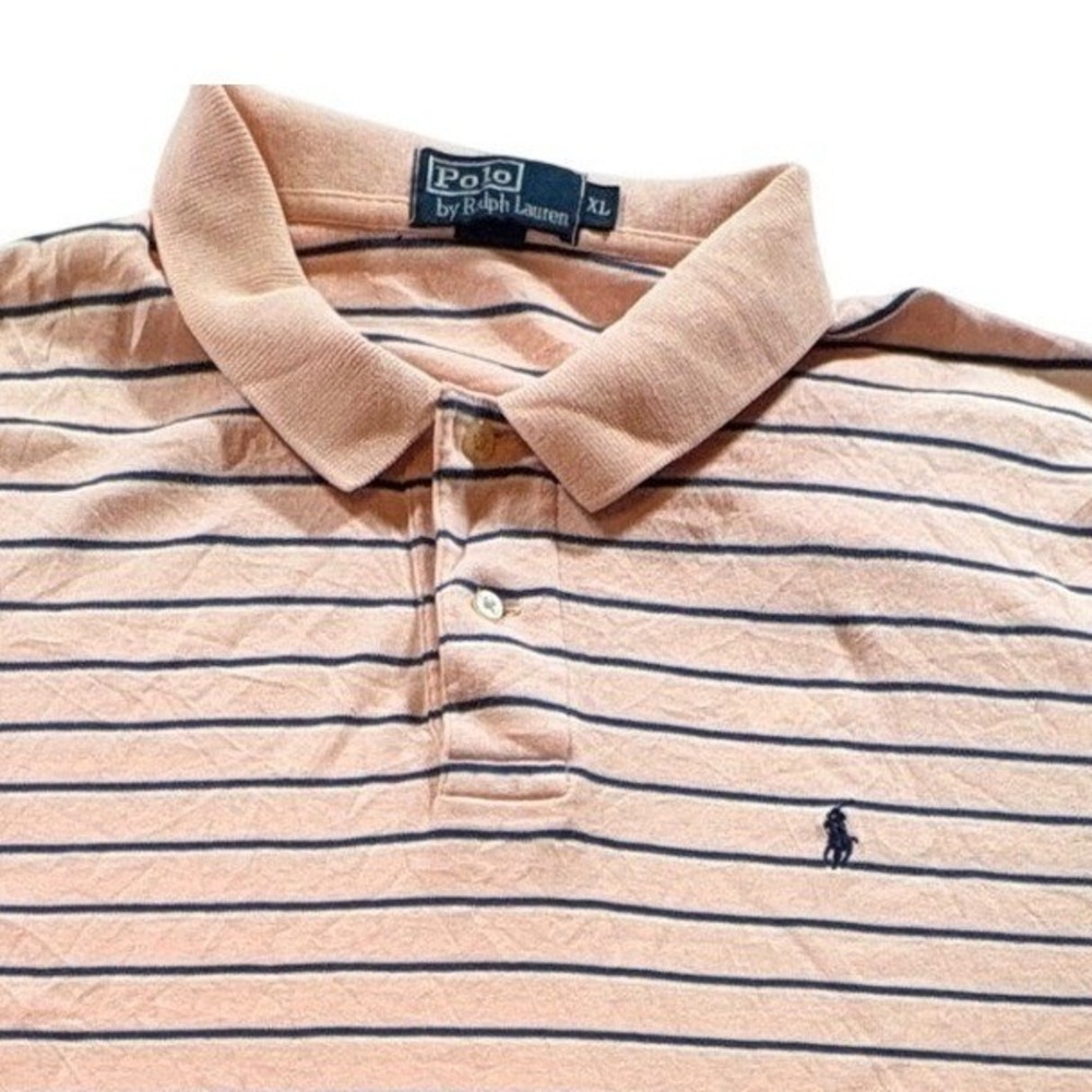 Polo Ralph Lauren Polo Shirt Mens XL Pink Navy Blue Striped Cotton Short Sleeve